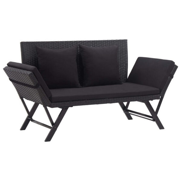 Outdoor Loveseat Bench, Black Fabric Cushions, Rattan, Steel, 51 Inch