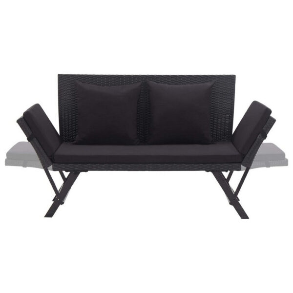 Outdoor Loveseat Bench, Black Fabric Cushions, Rattan, Steel, 51 Inch