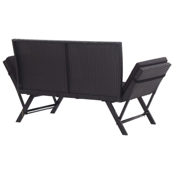 Outdoor Loveseat Bench, Black Fabric Cushions, Rattan, Steel, 51 Inch