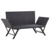 Outdoor Loveseat Bench, Black Fabric Cushions, Rattan, Steel, 51 Inch