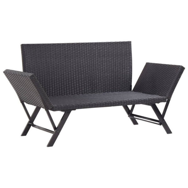 Outdoor Loveseat Bench, Black Fabric Cushions, Rattan, Steel, 51 Inch
