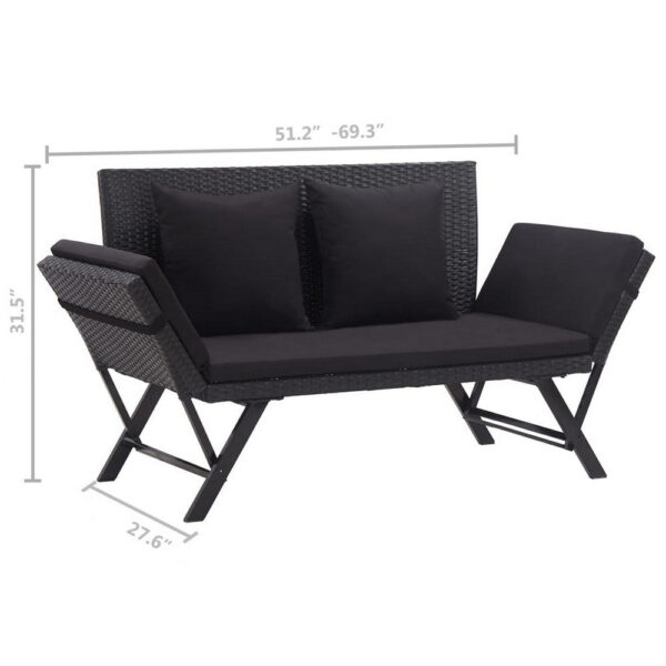 Outdoor Loveseat Bench, Black Fabric Cushions, Rattan, Steel, 51 Inch