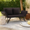 Outdoor Loveseat Bench, Black Fabric Cushions, Rattan, Steel, 51 Inch