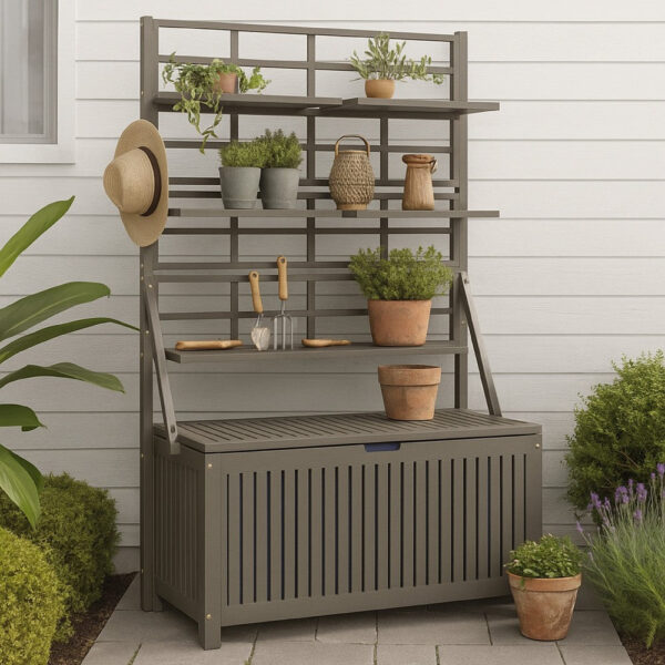Garden Storage Box with Trellis, Shelves, Gray Acacia Wood, 63 Inch