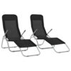 Folding Sun Chaise Lounger Set of 2, Chrome Steel, Black Textilene