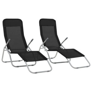 Folding Sun Chaise Lounger Set of 2, Chrome Steel, Black Textilene