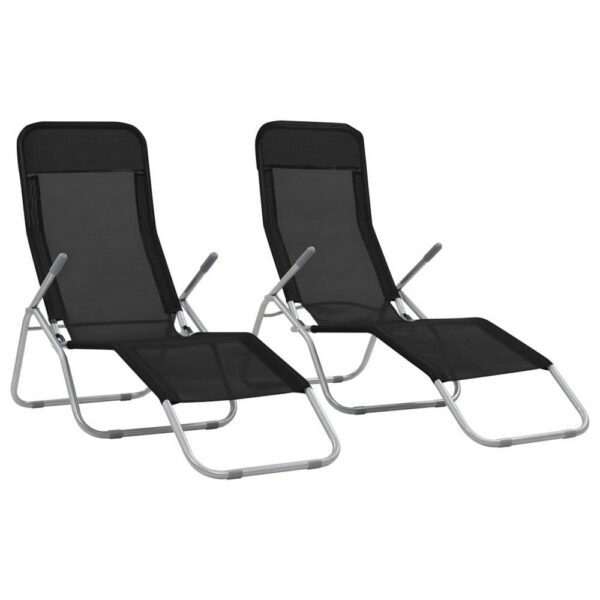 Folding Sun Chaise Lounger Set of 2, Chrome Steel, Black Textilene