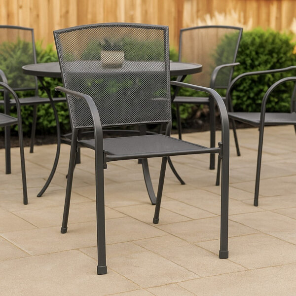 Outdoor Dining ArmSet of 4, Dark Gray Steel Frame, Mesh Design