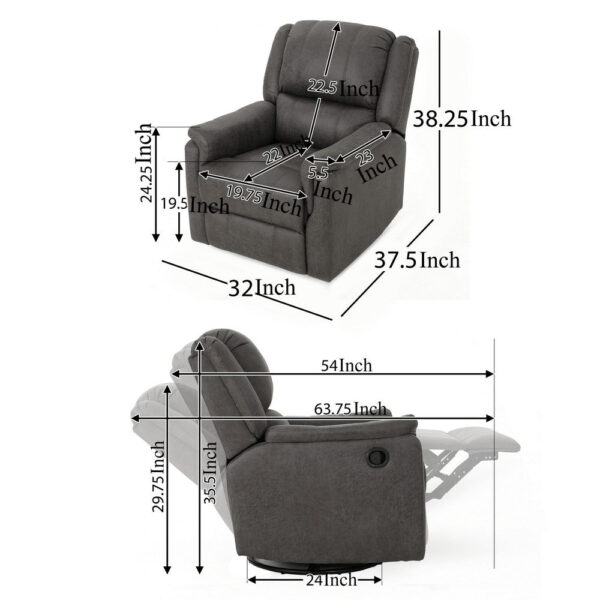 Swivel Manual Reclining Chair, Pillow Cushions, Smooth Gray Fabric