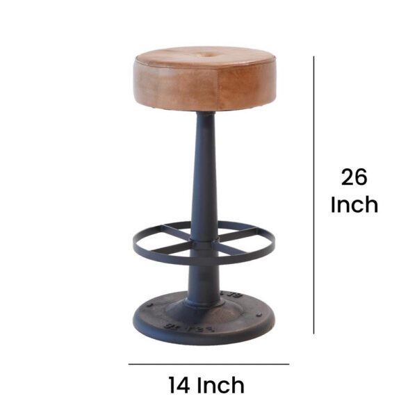 Counter Stool, Brown Goat Leather, Round Footrest, Black Iron Pedestal