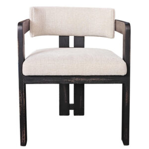 Lasy Accent Dining Side Chair, White Fabric, Black Solid Wood