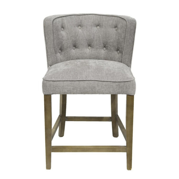 Cly Counter Stool Chair, Soft Light Gray Fabric, Graywash Solid Wood