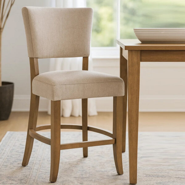 Ryna Counter Stool Chair, Light Gray Fabric, Oak Brown Solid Wood