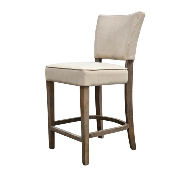 Rea Counter Stool Chair, Beige Fabric, Classic Graywash Solid Wood