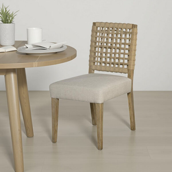 Trya Dining Side Chair Set of 2, Woven Backrest, White, Pine Wood