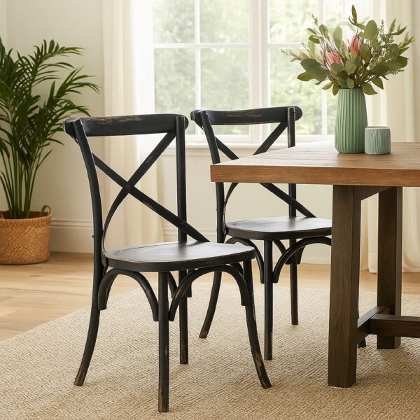 Puri Dining Side Chair Set of 2, X Shaped Backrest, Reclaimed Black