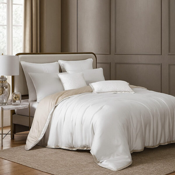 Keo 9pc King Comforter Set, Reversible, Shams, Ivory Silky Fabric