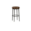Mey Counter Stool, Brown Leather Round Seat, Black Forged Iron Base