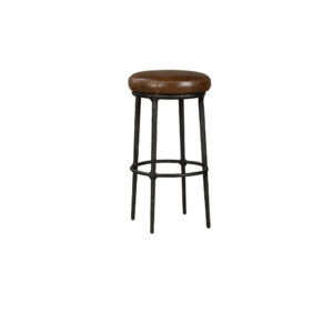 Mey Counter Stool, Brown Leather Round Seat, Black Forged Iron Base