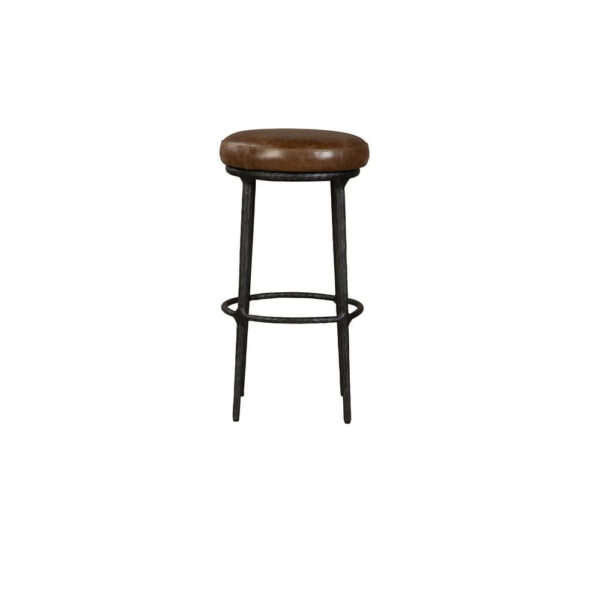Mey Counter Stool, Brown Leather Round Seat, Black Forged Iron Base
