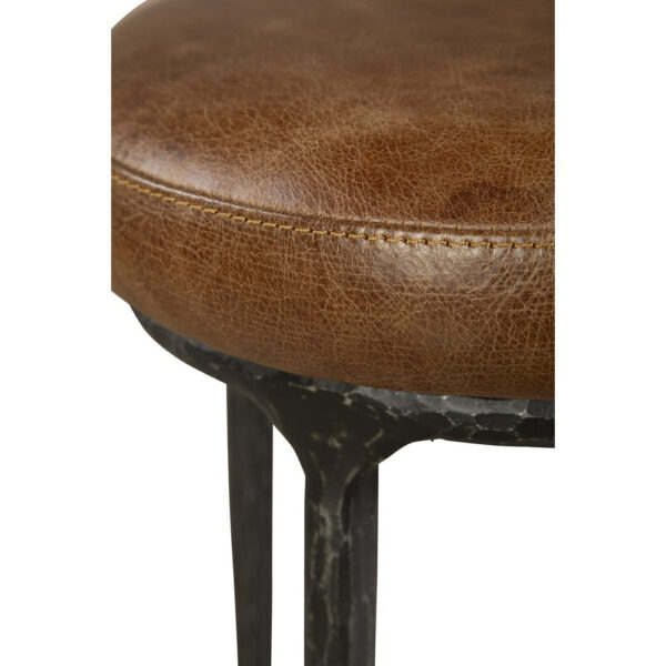 Mey Counter Stool, Brown Leather Round Seat, Black Forged Iron Base