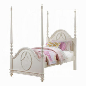 Dorie Twin Size Poster Bed, Embossed Floral and Oval Molding, Ivory