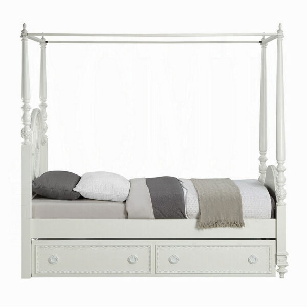 Dorie Twin Size Poster Bed, Embossed Floral and Oval Molding, Ivory