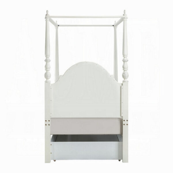 Dorie Twin Size Poster Bed, Embossed Floral and Oval Molding, Ivory