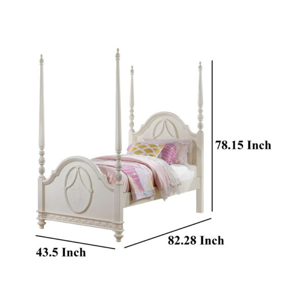 Dorie Twin Size Poster Bed, Embossed Floral and Oval Molding, Ivory