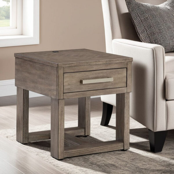 Aska Rectangular Side End Table with Drawer, USB Port, 24 Inch Gray