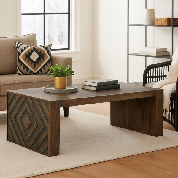 Dreg Cocktail Coffee Table with Diamond Cut Design, Brown Panel Legs