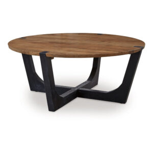 Leyi Round Coffee Table, Angled Legs, 44 Inch Brown Mango Wood