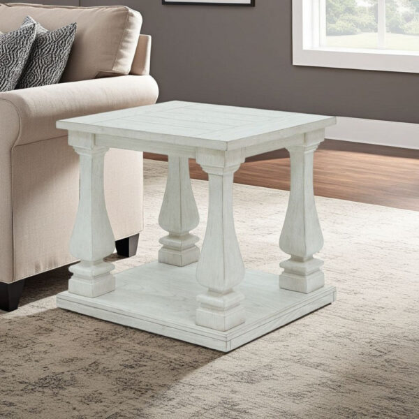 Dyne Side End Table, Plank Top, Baluster Legs, 27 Inch White Hardwood