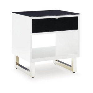 Tonny Side End Table, Drawer and Shelf, Black Glass, White, 22 Inch