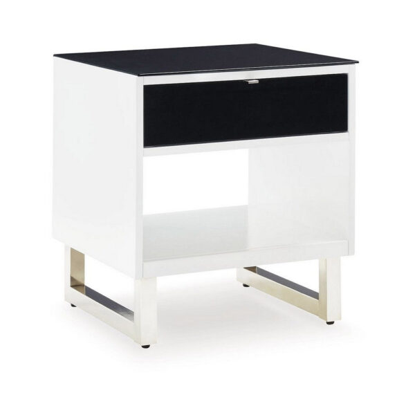 Tonny Side End Table, Drawer and Shelf, Black Glass, White, 22 Inch