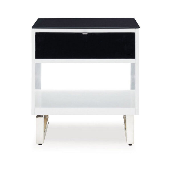 Tonny Side End Table, Drawer and Shelf, Black Glass, White, 22 Inch