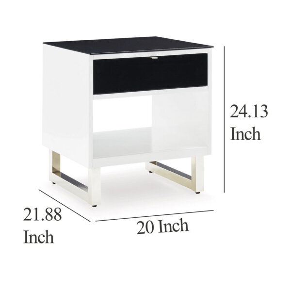Tonny Side End Table, Drawer and Shelf, Black Glass, White, 22 Inch