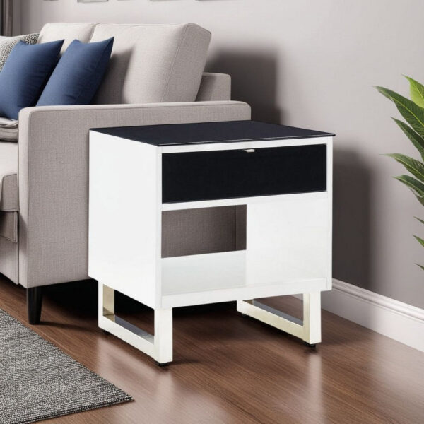 Tonny Side End Table, Drawer and Shelf, Black Glass, White, 22 Inch