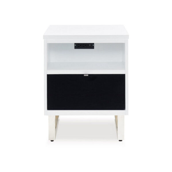 Tonny Chair Side Table, Dual USB Ports, Black Glass, White, 24 Inch