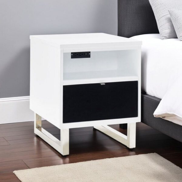 Tonny Chair Side Table, Dual USB Ports, Black Glass, White, 24 Inch