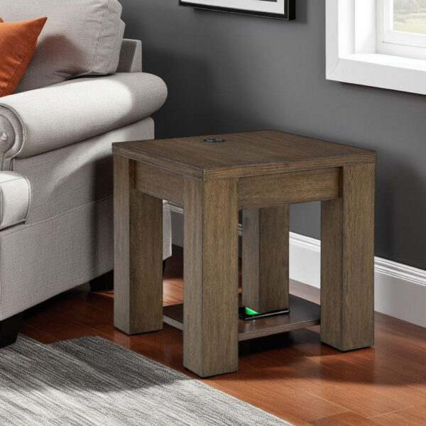 Wain Side End Table, Wireless Charging, Rectangular 24 Inch Brown Wood