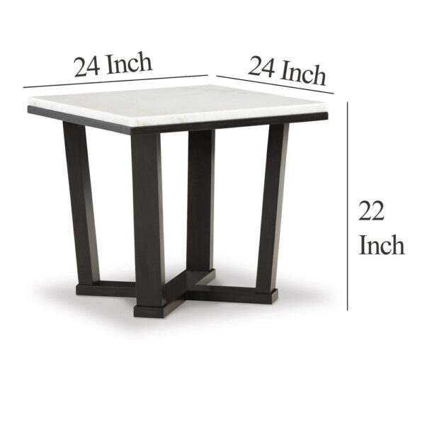 Fana Side End Table, White Marble Top, 24 Inch Square, Espresso Brown