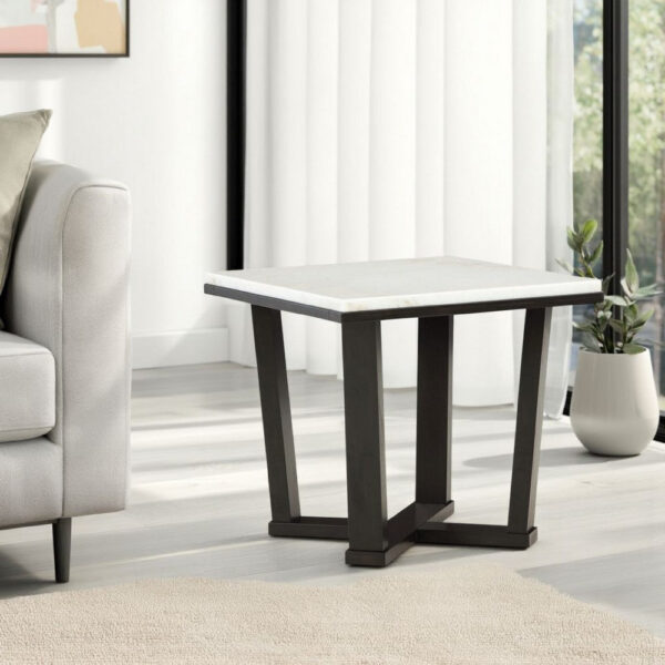 Fana Side End Table, White Marble Top, 24 Inch Square, Espresso Brown