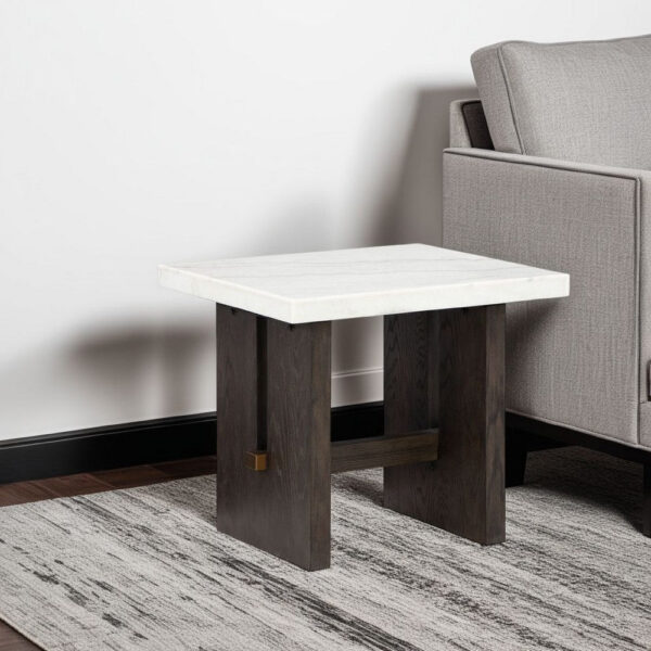 15022026699211f3a1e77.jpeg Haus Side End Table, Marble Top, Panel Legs, 26 Inch Brown Solid Wood