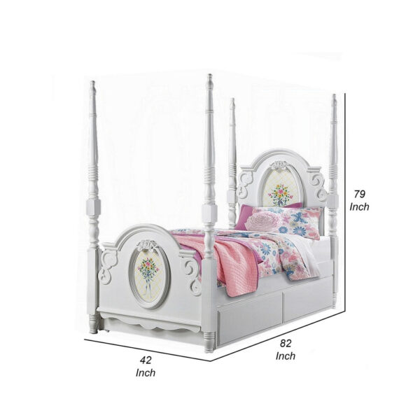 Auri Twin 4 Poster Princess Bed, Classic Arched Headboard, White Wood