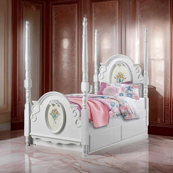 Auri Twin 4 Poster Princess Bed, Classic Arched Headboard, White Wood