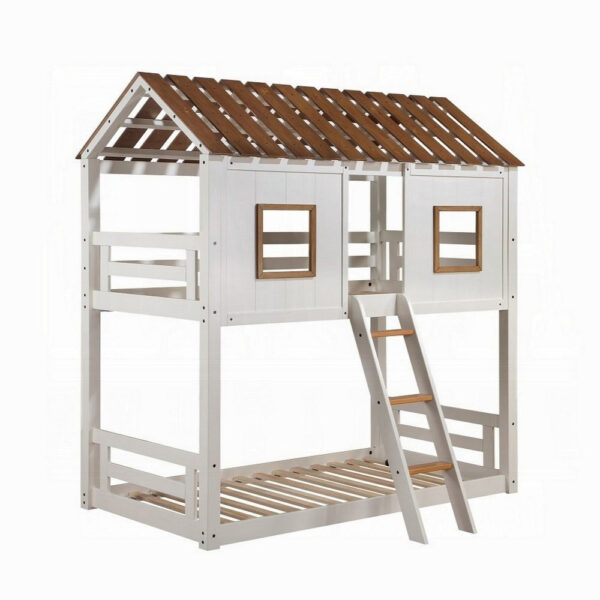 Nara Twin Size Bunk Bed, House Design with Ladder, White Rustic Wood