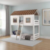 Nara Twin Size Bunk Bed, House Design with Ladder, White Rustic Wood