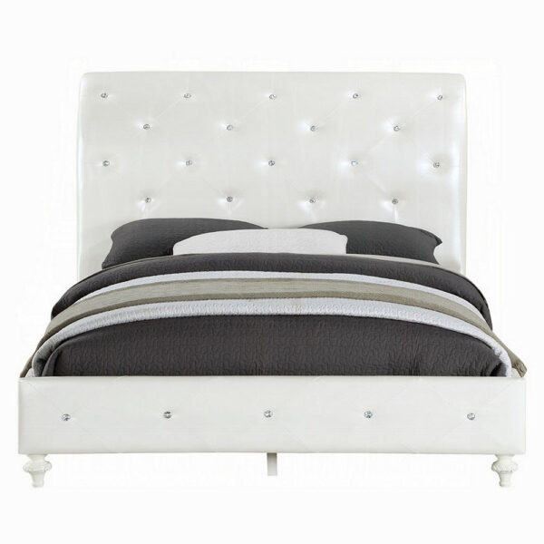 Dorie Twin Bed, Pearl White Faux Leather Victorian Carved w Crystals