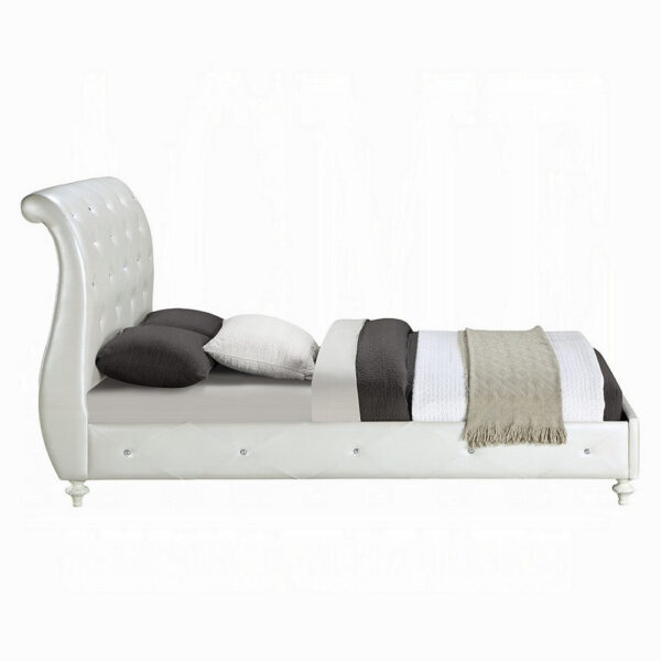 Dorie Twin Bed, Pearl White Faux Leather Victorian Carved w Crystals